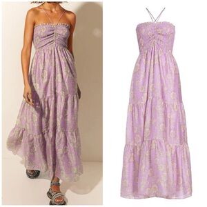 Kivari Elzette Shirred Maxi Dress Lilac Floral Size2
